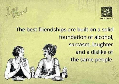 The best friendships are built on a solid foundation of alcohol, sarcasm, laughter and a dislike of the same people 