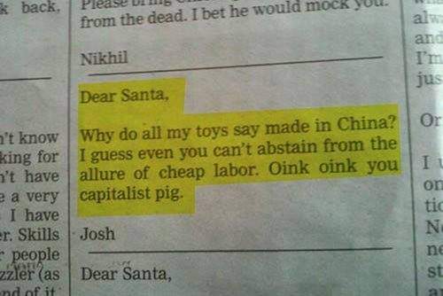 Dear Santa - You are capitalistic pig!