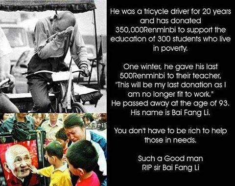 He was a tricycle driver for 20 years and has donated 350,000 Renminbi to support the education of 300 students who live in poverty