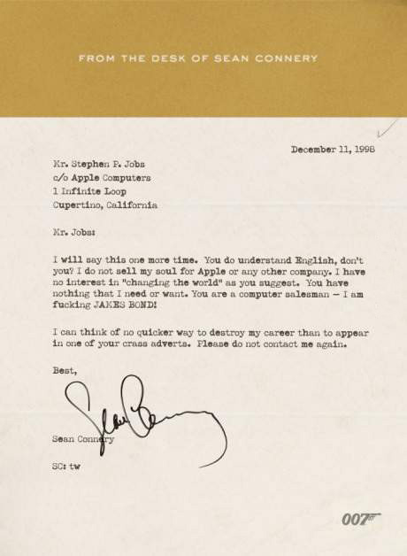 Letter to Steve Jobs from Sean Connery 