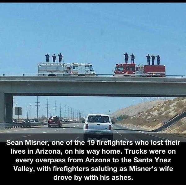 Saluting wife who lost her husband on every overpass from Arizona to the Santa Ynez Valley while driving with his ashes. 