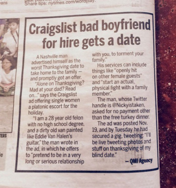 Craigslist bad boyfriend for hire gets a date