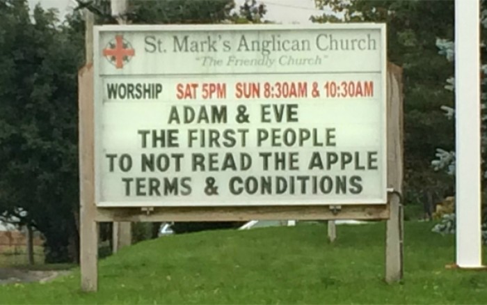 Adam and Eve the first people to not read the apple terms and conditions.