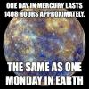 One day in Mercury last 1408 hours approximately. The same as one Monday in Earth 