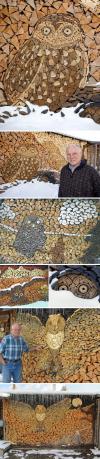 Incredible mosaics of owls by carefully piling firewood