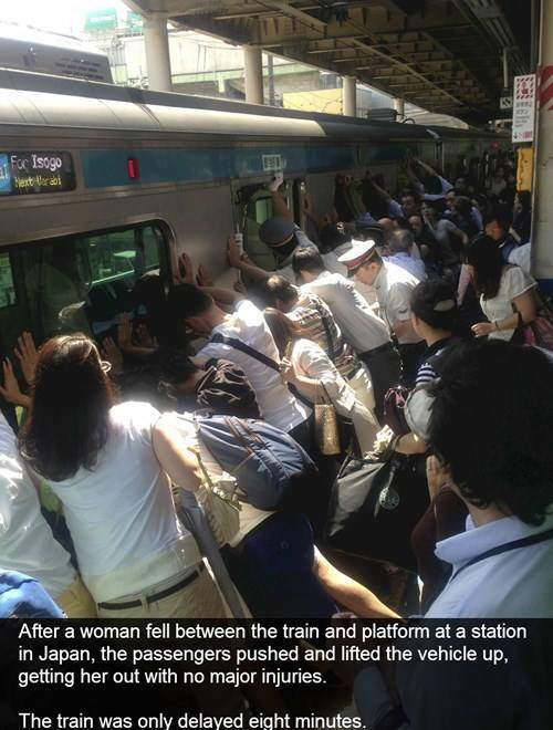 Japan - woman fell between the train and platform passengers lifted train to save her. 