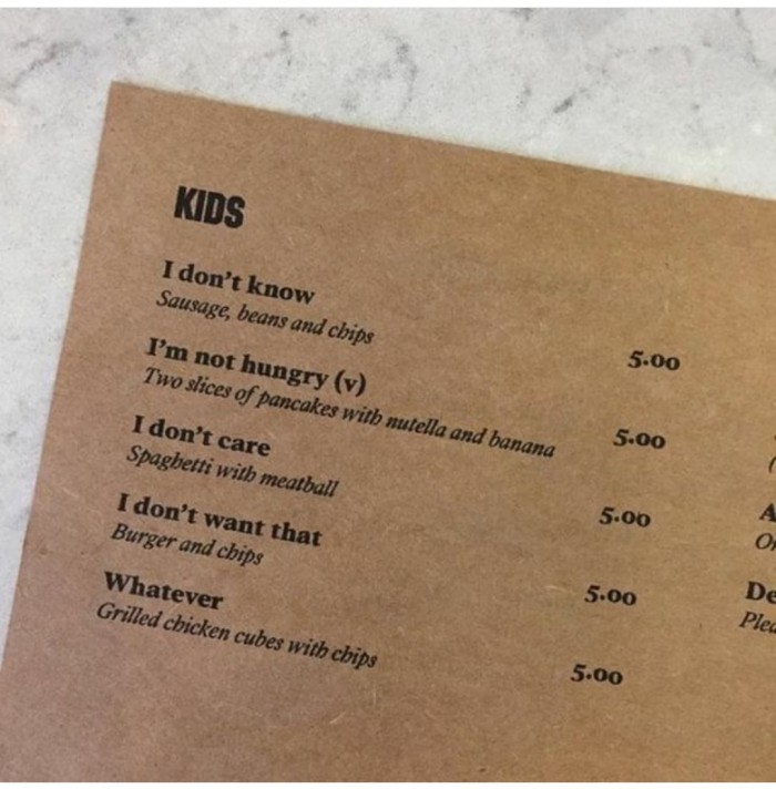 Kids menu in restaurant 