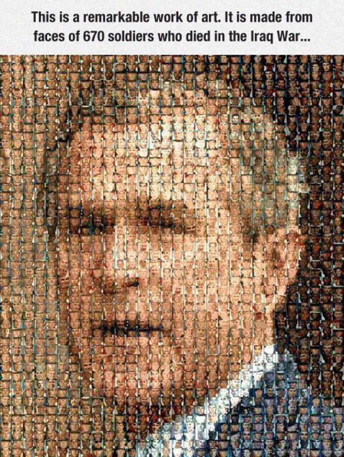 George W. Bush Portrait Made From Faces Of 670 Soldiers who died in the Iraq War